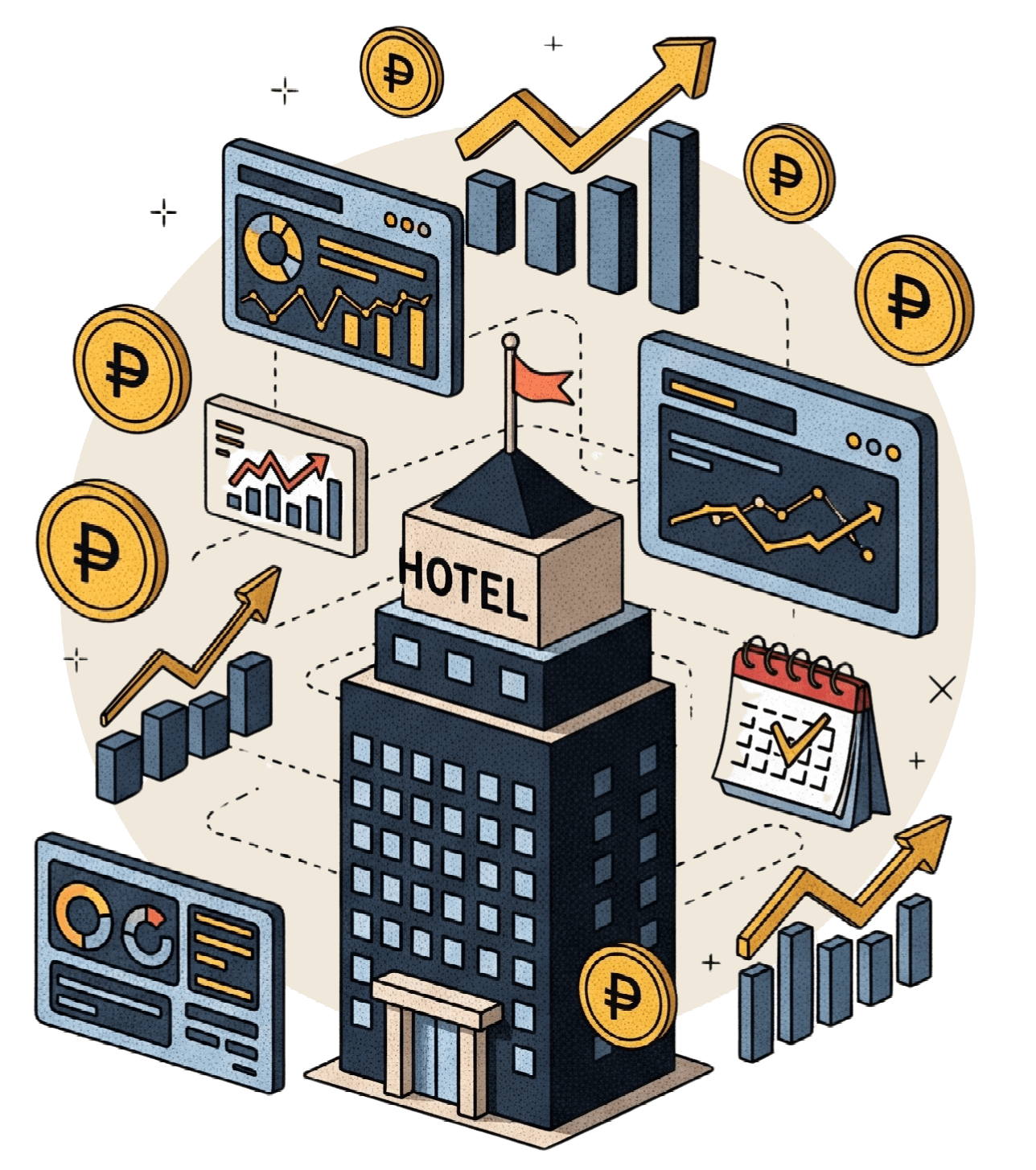 hotel marketing success with rising graphs, ad dashboards, and campaign planning icons 