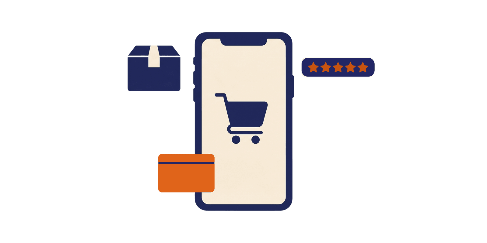 Illustration of a smartphone with a shopping cart app, surrounded by a package, payment card, and star rating — representing the growth of e-commerce in the Philippines