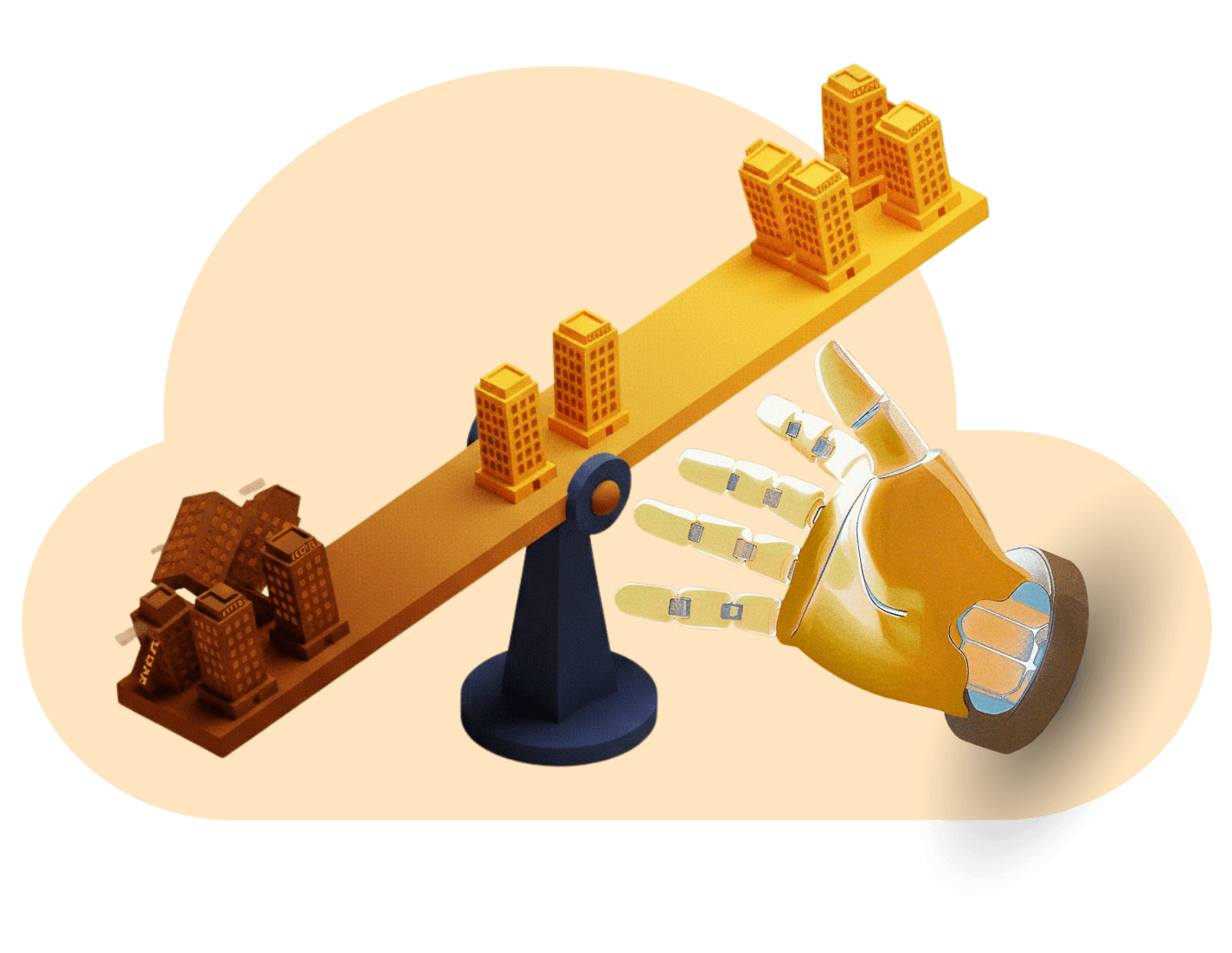 A seesaw balancing buildings; a robotic hand nudges the heavier side, highlighting balance.