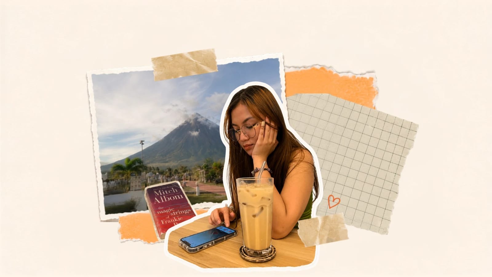 Photo collage: a LOKAL account manager rests her chin on her hand over an iced coffee at a cafe table in Albay, phone in front of her, with a torn-paper photo of Mayon volcano and a paperback book behind her — working a full client load twelve hours from Manila.