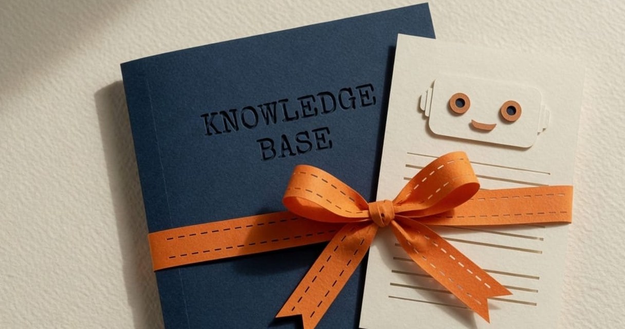 Paper-craft illustration: a cream clipboard with three ticked navy metrics — FCR, CSAT, REPEAT — and a grey card labelled DEFLECTION 41.2% set aside with a burnt-orange X.