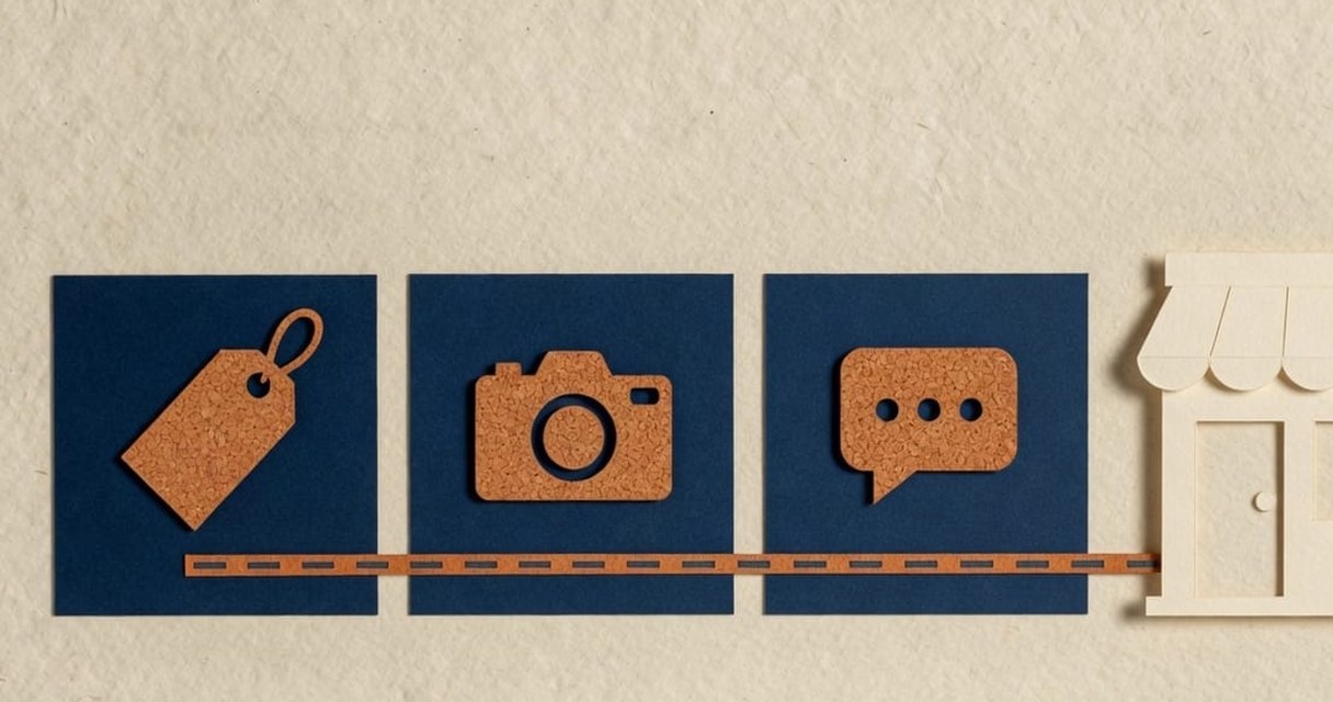 Paper-craft illustration: three navy cards labelled 30, 60 and 90, a dashed orange path connecting them, and a cream shopping bag waiting at the end.