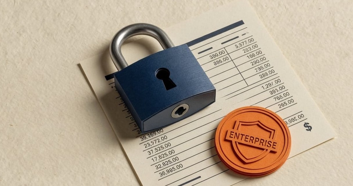 Paper-craft illustration: a navy padlock resting on a cream ledger of figures, with a burnt-orange wax seal stamped ENTERPRISE beside it.