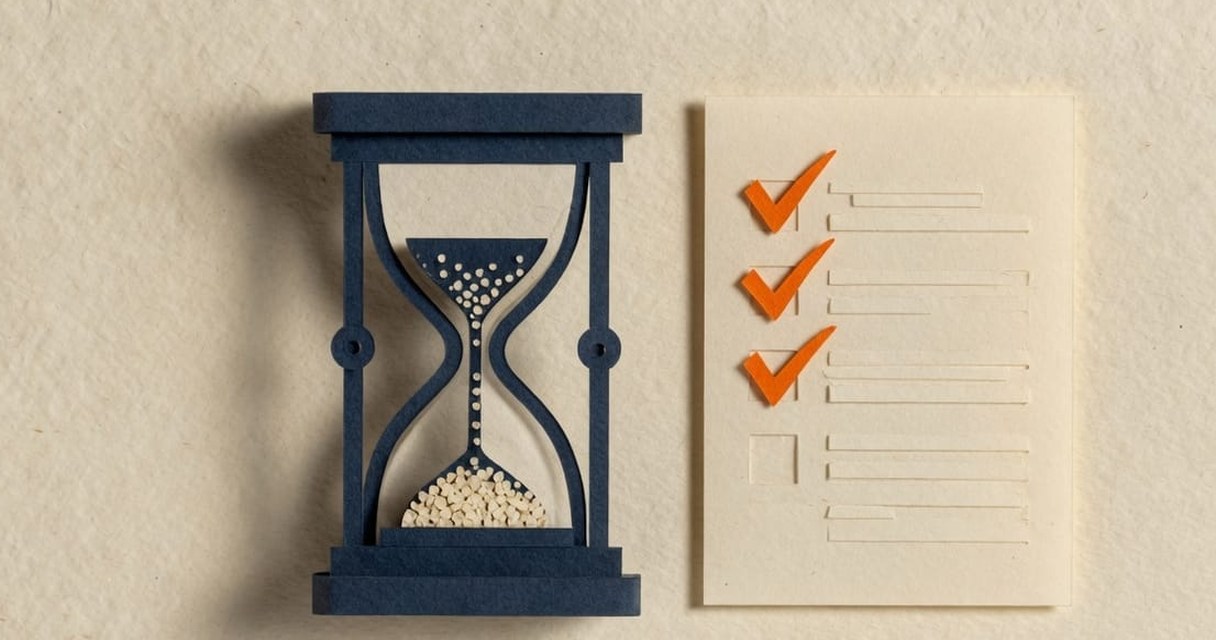 Paper-craft illustration: a navy hourglass standing beside a cream SKILL.md sheet, with a dashed orange line from the top chamber down to a small tick on a finished card.