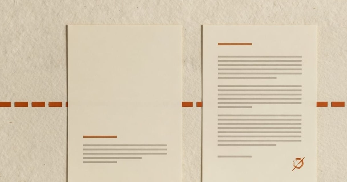 Paper-craft illustration: five navy numbered cards in a row labelled WHO, ACTION, MESSAGE, EDGE and RULES, a dashed burnt-orange line gathering them into one cream document.