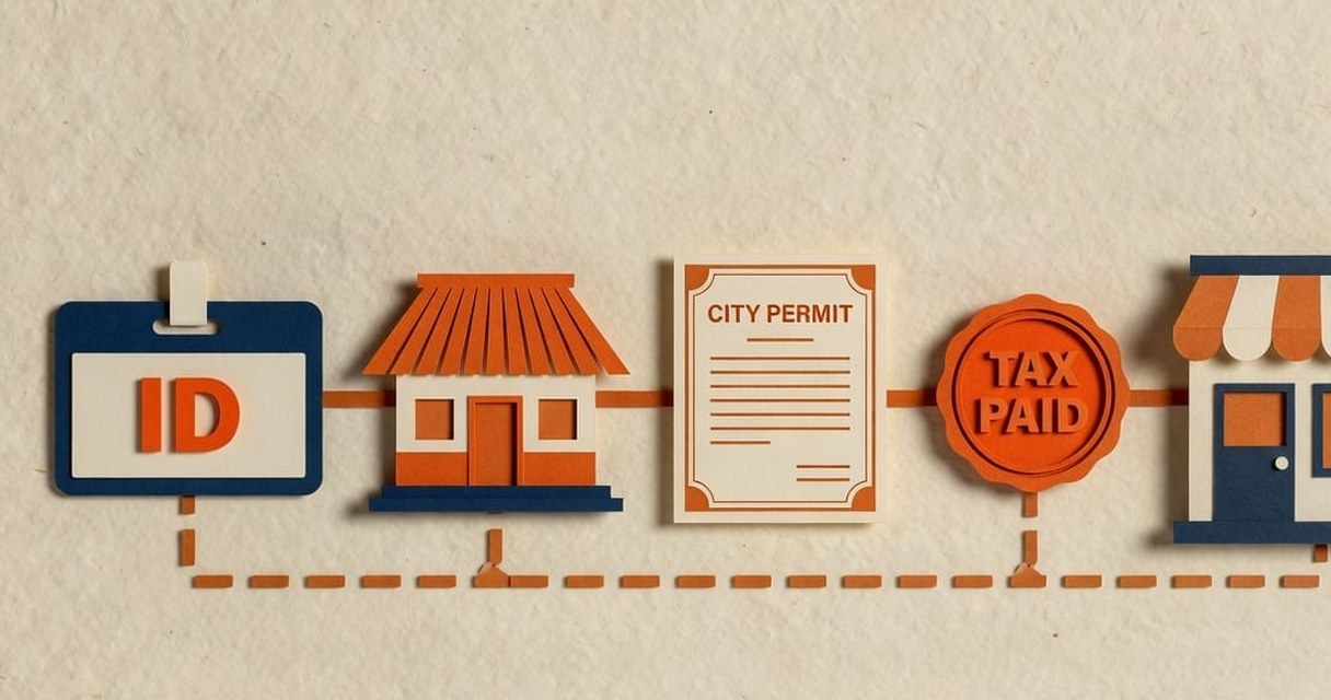 Paper-craft illustration: a dashed burnt-orange path from a navy DTI seal to a cream barangay slip, a Mayor’s permit, and an orange BIR seal, ending at a small cream storefront.
