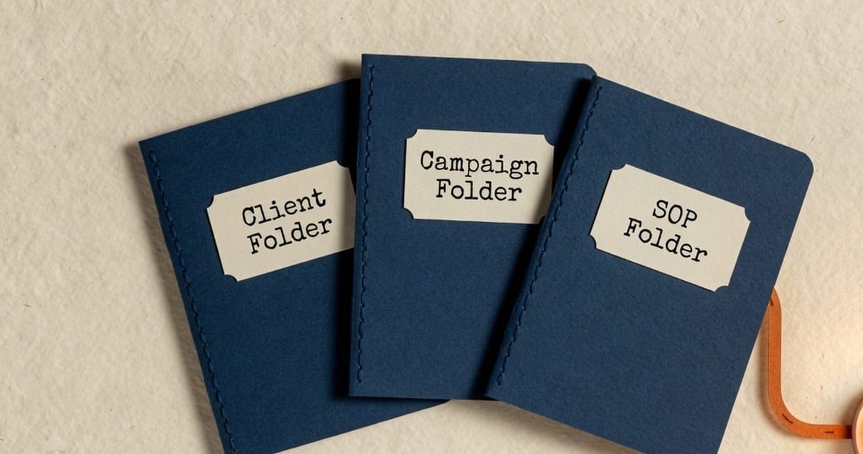 Paper-craft illustration: two navy trays side by side — one stacked with cited source cards labelled NOTEBOOKLM, the other an open campaign folder labelled CLAUDE — joined by a dashed orange handoff line.