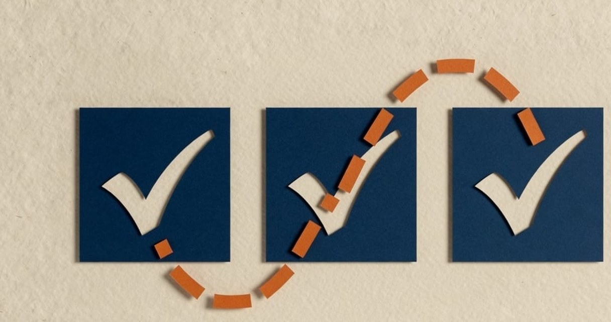 Paper-craft illustration: a navy clock face split into four quadrants holding a document, a chat bubble, an envelope and a megaphone, with a burnt-orange hand pointing forward.