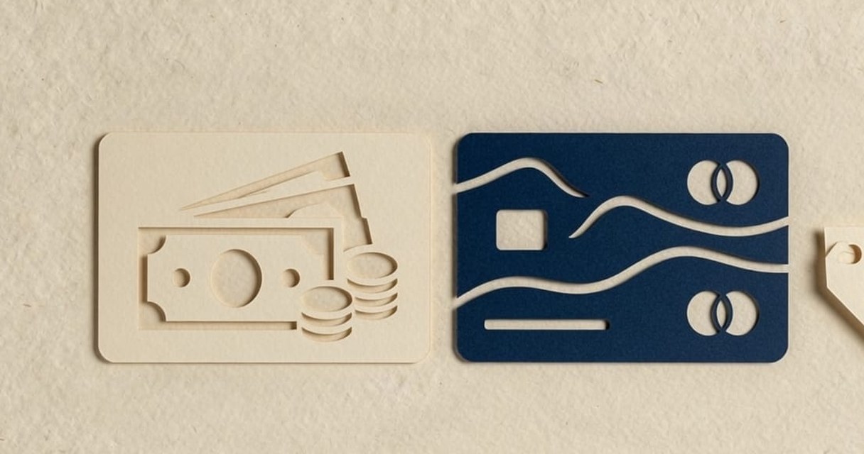 Paper-craft illustration: a cream ₱1,000 note split by a dashed orange line into a small PayMongo slice and a larger Shopify surcharge slice, with a WooCommerce receipt on the right showing only the PayMongo slice.