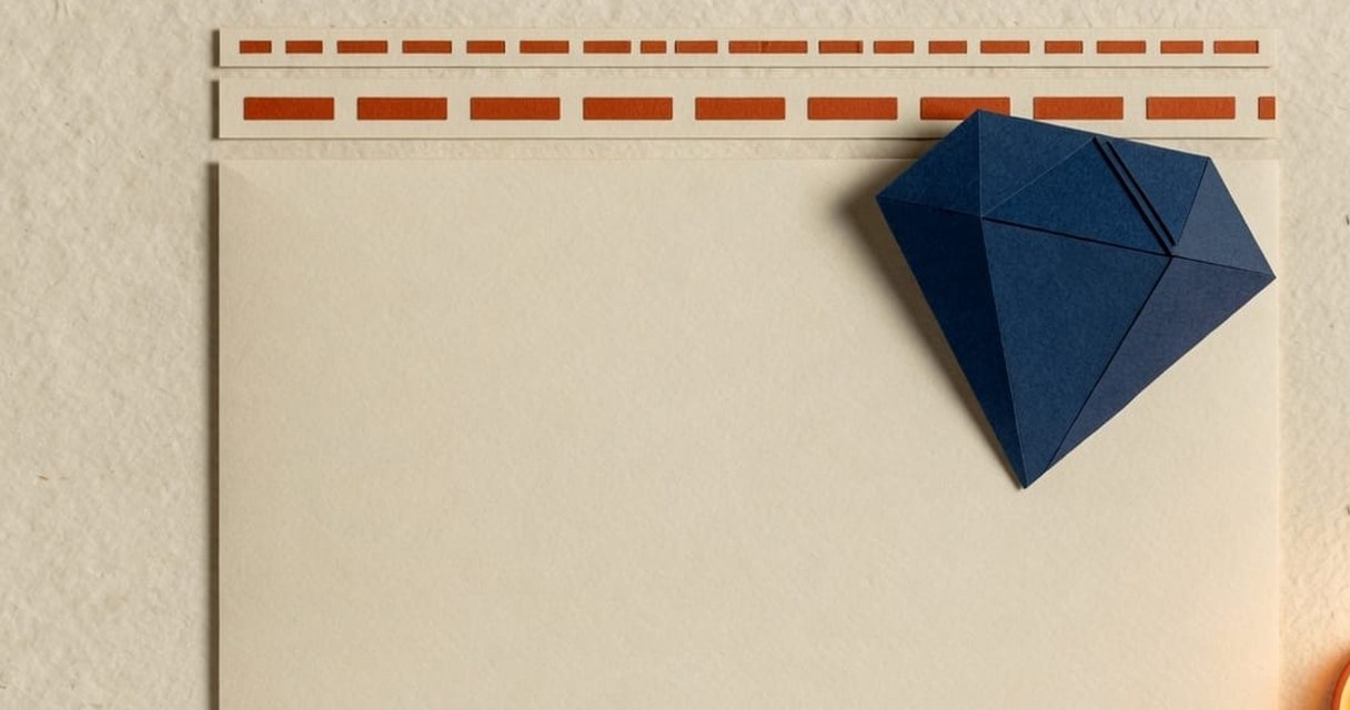 Paper-craft illustration: a cream envelope with a faceted navy-and-orange gem resting on the flap, a dashed orange line running from the gem to a small Gmail-side-panel card.