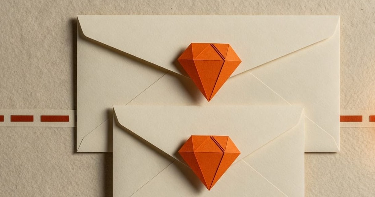 Paper-craft illustration: two cream email sheets side by side — a long padded letter on the left, a short direct one on the right — with a dashed orange line and a small gem marking the rewrite.