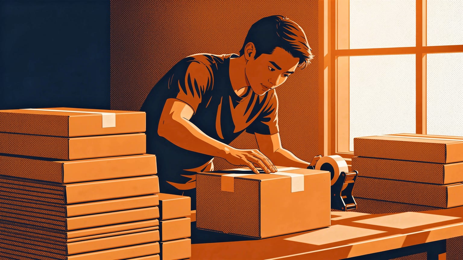 Illustration of the ecommerce sector: a founder packing branded parcels