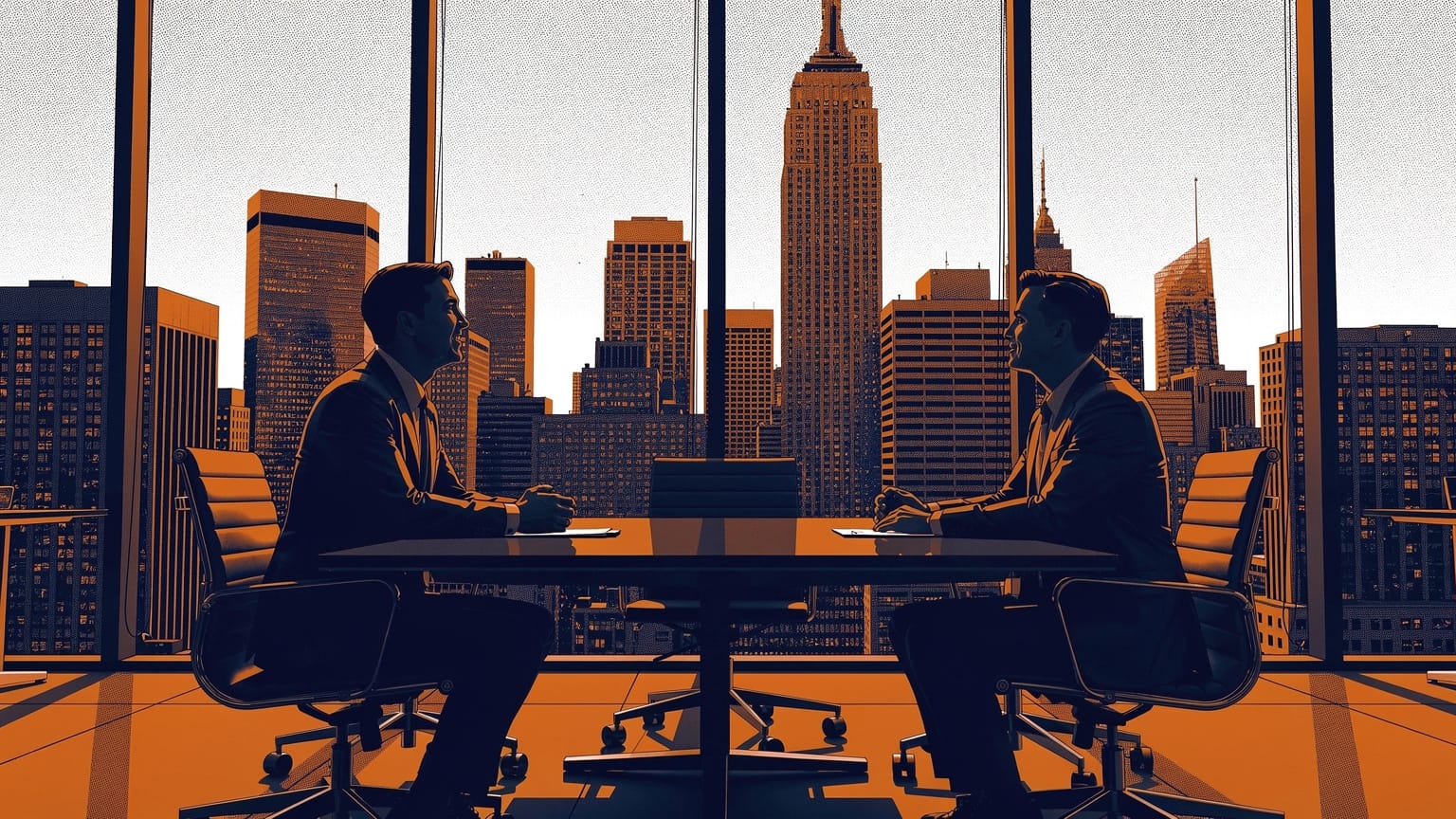 Illustration of enterprise work: executives meeting in a city boardroom