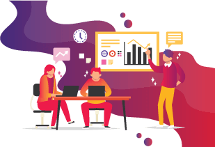 Illustration of a team reviewing analytics charts and graphs on a screen