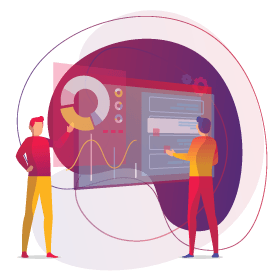 Illustration of two people analysing a dashboard of demand metrics