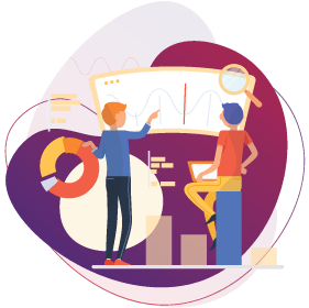 Illustration of two people presenting search and conversion data charts