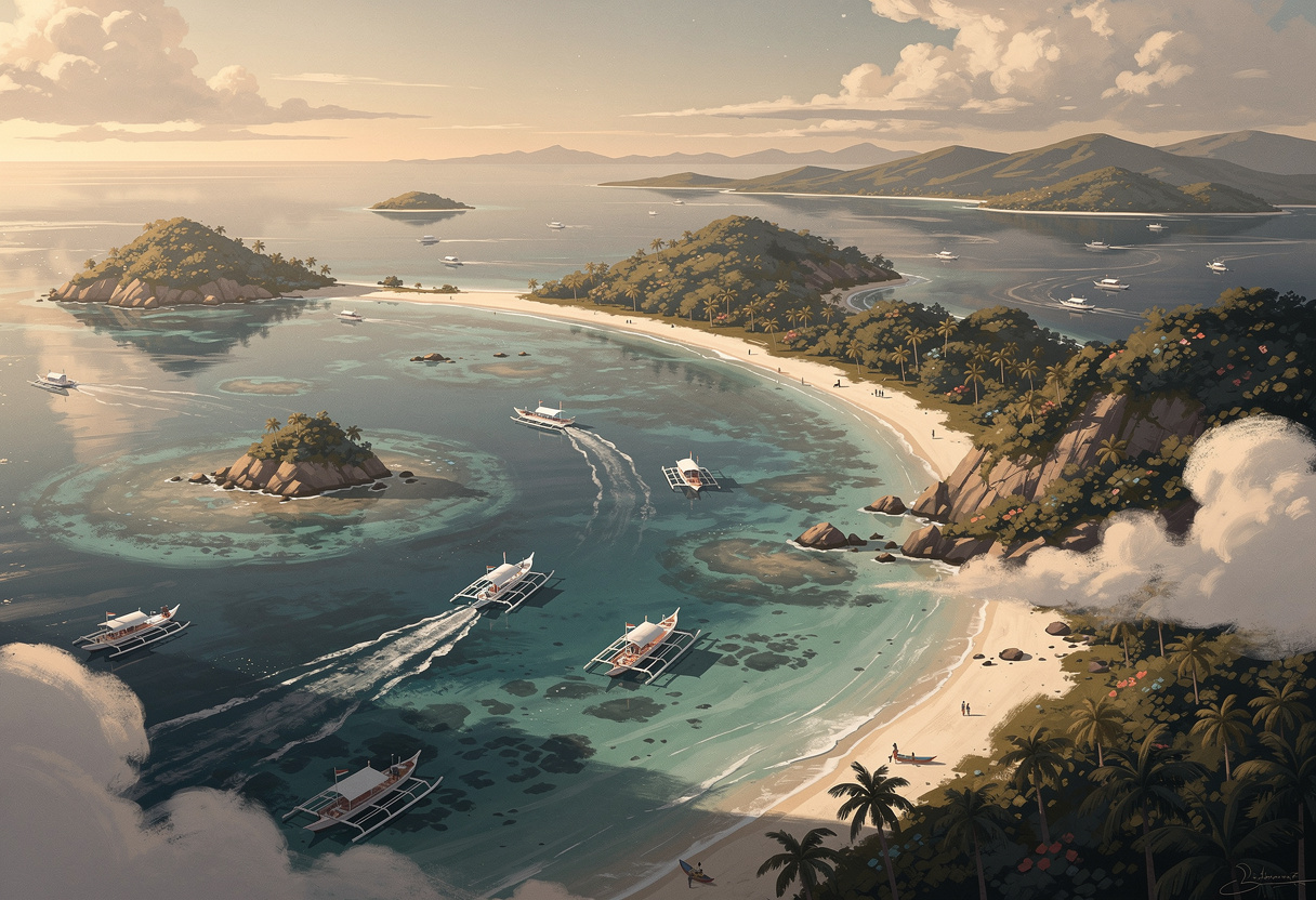 Aerial view of the Philippine archipelago with island-hopping boats