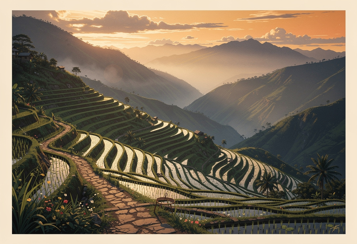 Banaue rice terraces of Northern Luzon at golden hour